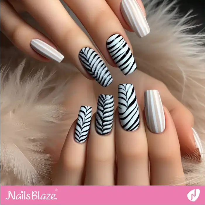 Striped Nails with Zebra Print | Animal Print Nails - NB2465